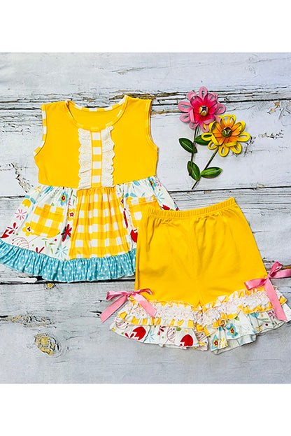 Yellow floral print ruffle sleeveless 2pc set DLH1121-8
