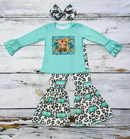 Aqua bull head with flowers & turquoise stones prints long sleeve 2 pc set DLH0923-19