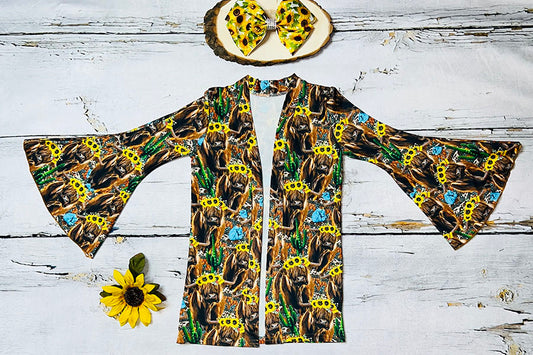 Multicolor bull w/sunflowers & cactus bell sleeve cardigan DLH0923-28