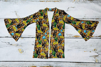 Multicolor bull w/sunflowers & cactus bell sleeve cardigan DLH0923-28