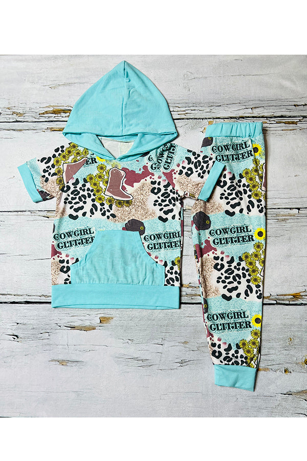 "Cowgirl Glitter" boots and sunflower print short sleeve hoodie 2pc set DLH0923-20