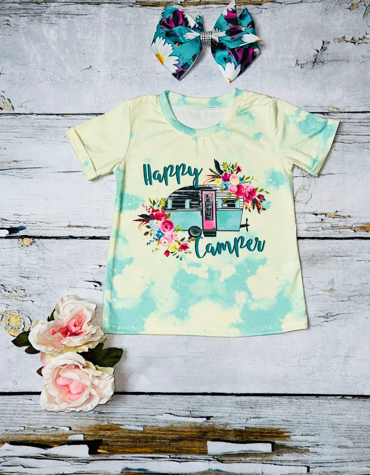 "HAPPY CAMPER" aqua bleached short sleeve t-shirt DLH1108-16
