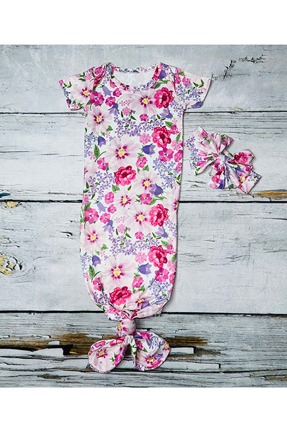 Pink and purple floral baby gown with matching headband DLH1215-06