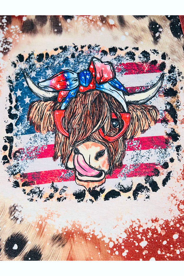 Cow face w/tongue out & glasses patriotic bleached short sleeve t-shirt DLH1224-05