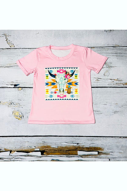 Light pink cow skull w/Aztec print short sleeve t-shirt DLH1215-31