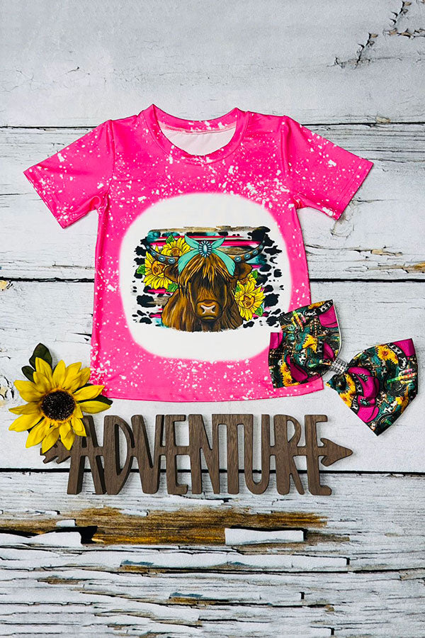 Western girls Bleached hot pink cow w/sunflowers short sleeve shirt D1224-02