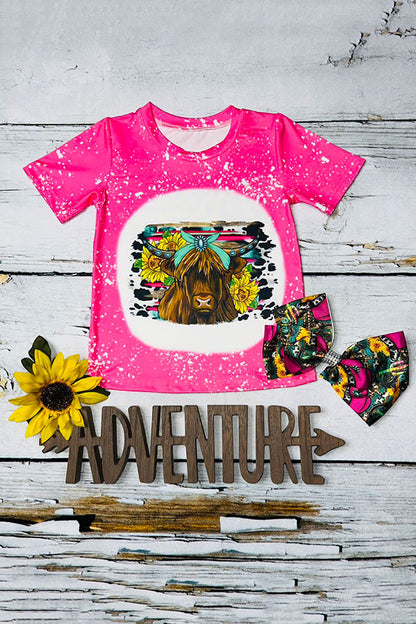 Western girls Bleached hot pink cow w/sunflowers short sleeve shirt D1224-02