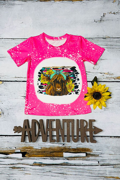 Western girls Bleached hot pink cow w/sunflowers short sleeve shirt D1224-02