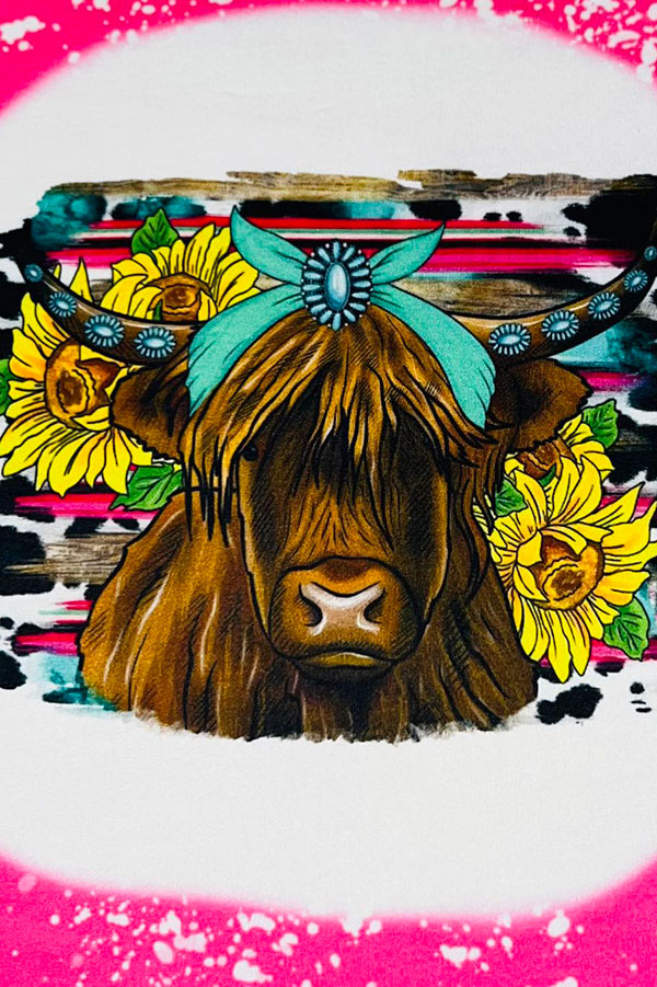 Western girls Bleached hot pink cow w/sunflowers short sleeve shirt D1224-02