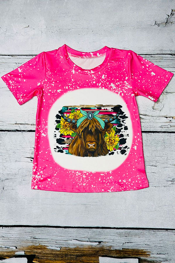 Western girls Bleached hot pink cow w/sunflowers short sleeve shirt D1224-02