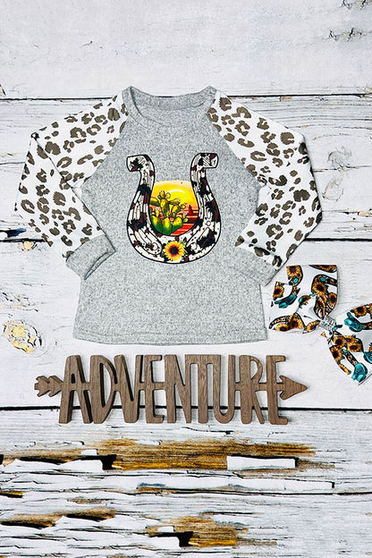 Western grey horse shoe sunset girl boutique t-shirt w/leopard sleeves DLH0824-23
