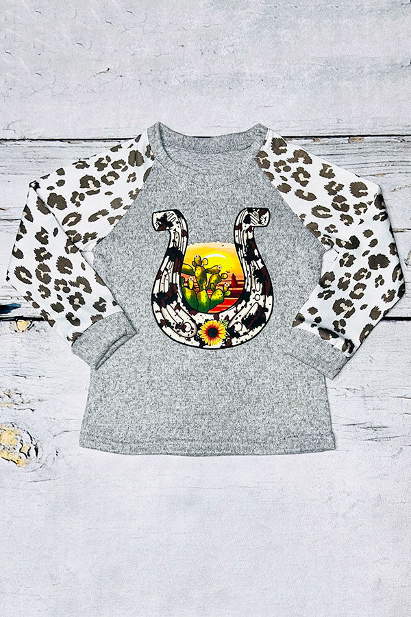 Western grey horse shoe sunset girl boutique t-shirt w/leopard sleeves DLH0824-23