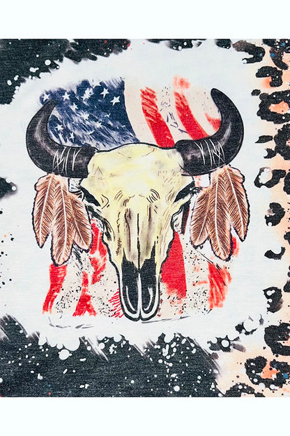 Bull skull on a USA flag animal print short sleeve t-shirt DLH1108-12