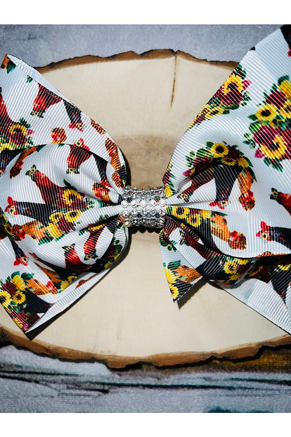 Chickens with flowers white print 7.5" hair bow (set of 4pcs for $6.99) DLH0913-8