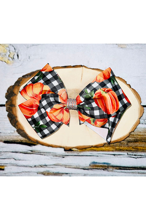 Pumpkins with black & white checker print 7.5" hair bow (set of 4pcs for $6.99) DLH0913-1