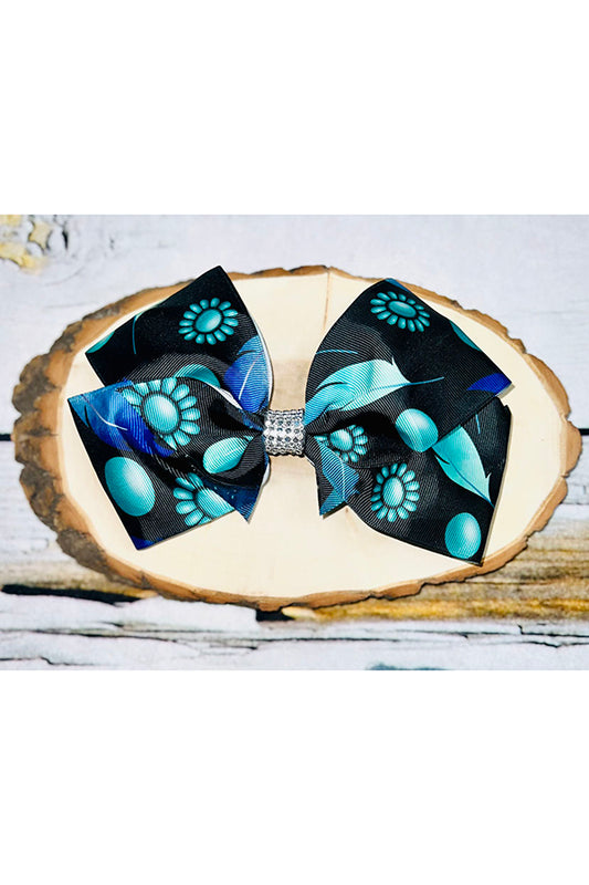 Black turquoise jewel feather printed 7.5in bow (4pcs for $6.99) DLH0913-5