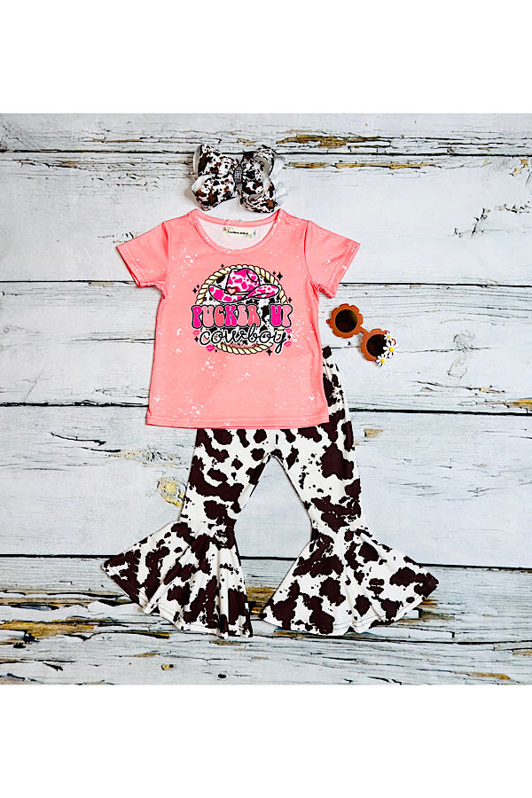 "PUCKER UP COWBOY" peach & cowhide 2pc short sleeve set