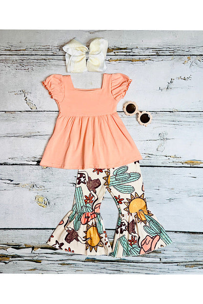 Light peach top & western print bell bottoms 2pc set