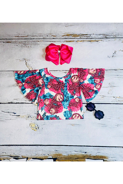 Pink cheetah w/smiley faces & thunder short bell sleeve top