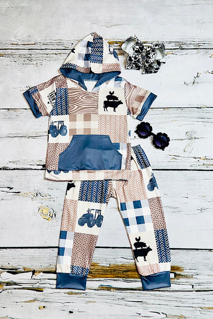 FARM LIFE color block multi print short sleeve hoodie & pants girl set 11862MZ