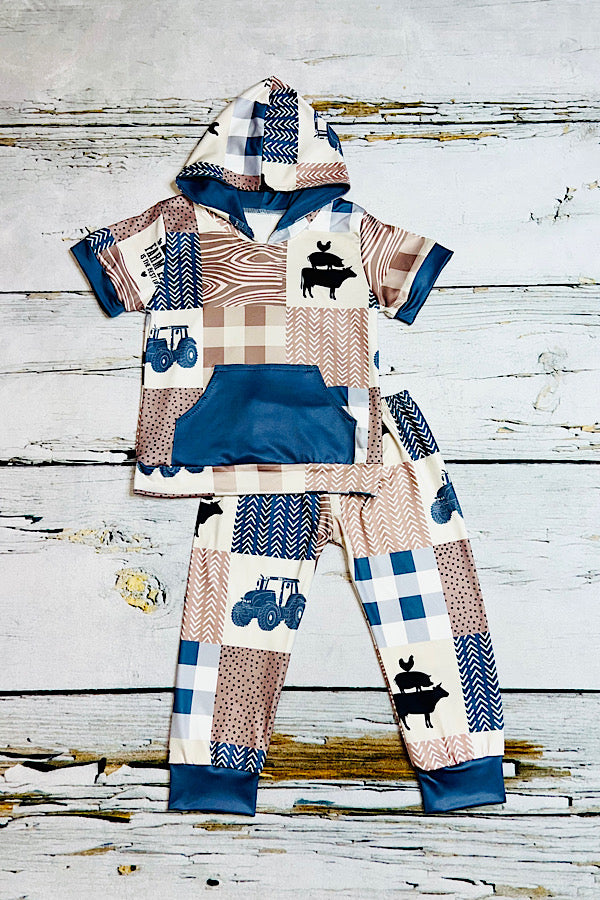 FARM LIFE color block multi print short sleeve hoodie & pants girl set 11862MZ
