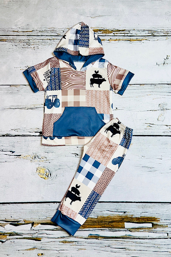 FARM LIFE color block multi print short sleeve hoodie & pants girl set 11862MZ