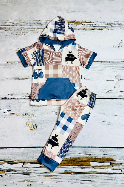 FARM LIFE color block multi print short sleeve hoodie & pants girl set 11862MZ