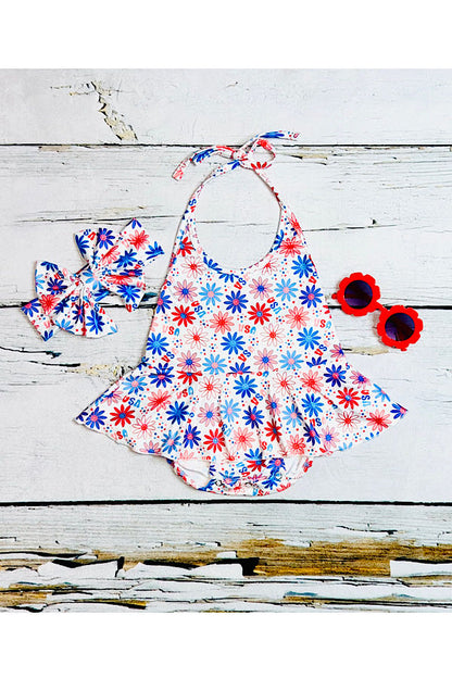 "USA" red & blue smiley flower faces baby romper w/matching headband DLH2329