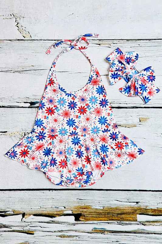 "USA" red & blue smiley flower faces baby romper w/matching headband DLH2329