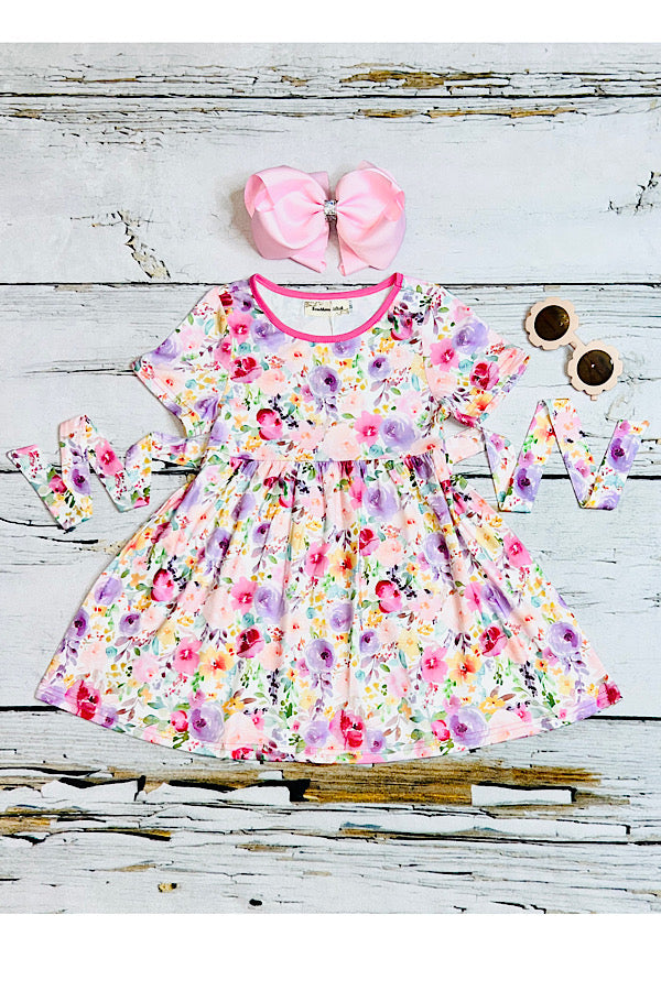 Pink & purple floral swirl short sleeve dress XCV0888-3H