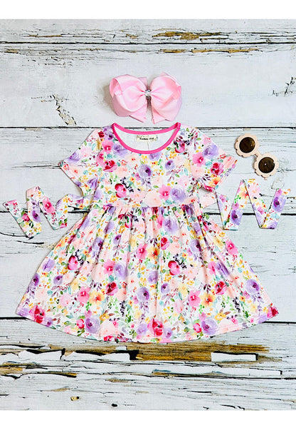 Pink & purple floral swirl short sleeve dress XCV0888-3H