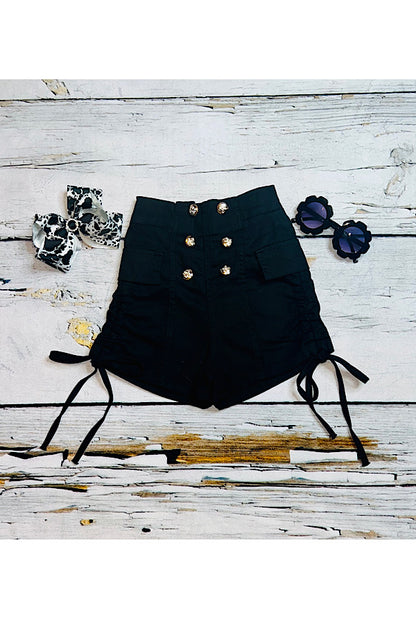 Black denim w/scrunch sides & buttons girl shorts