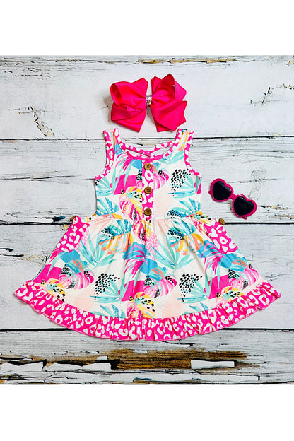 Bright pink cheetah & multi print swirl dress w/pockets