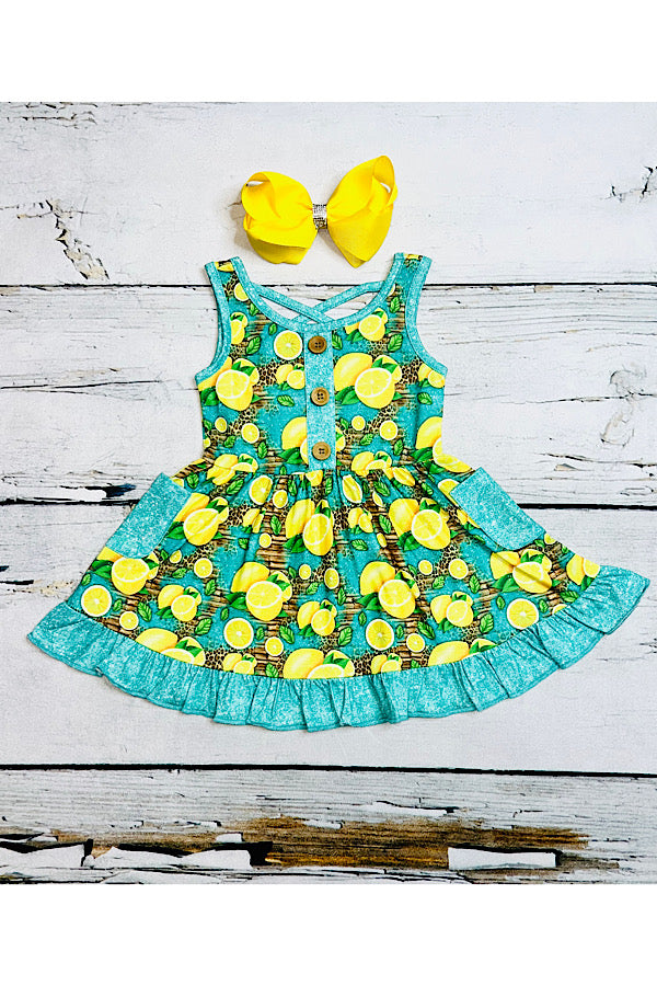 Yellow lemons & cheetah print swirl dress w/pockets