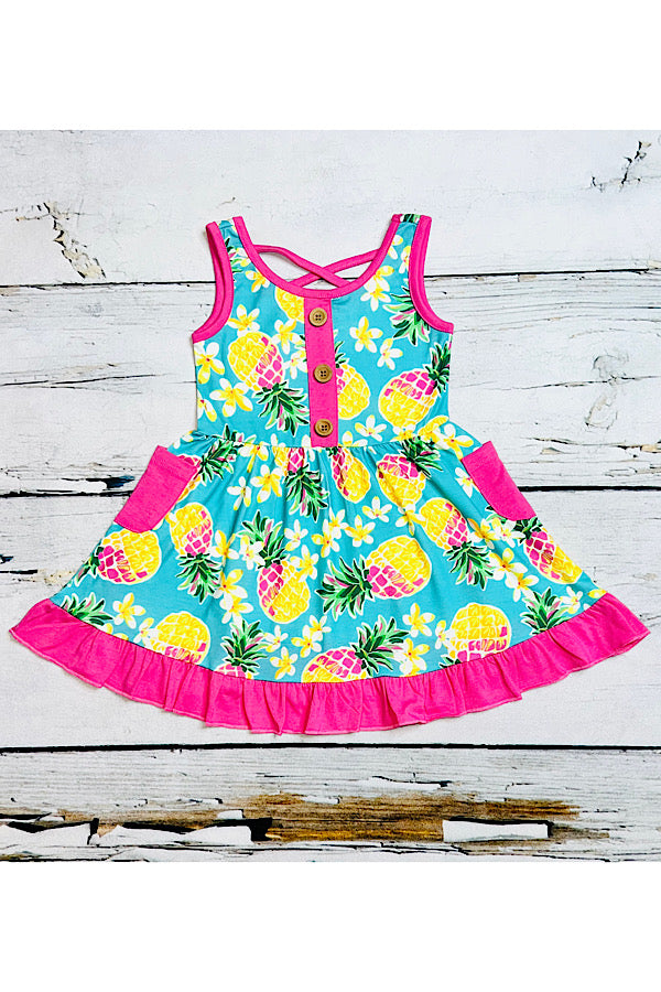 Pink & yellow pineapples print swirl dress w/pockets