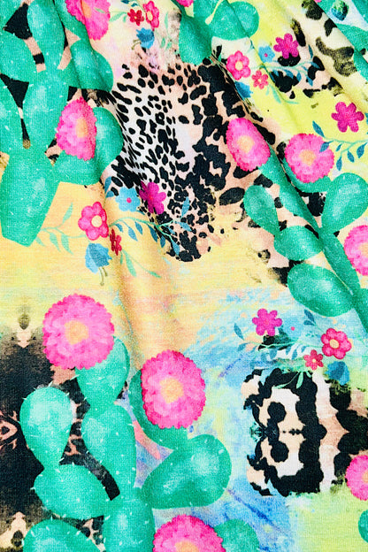 Yellow cactus & leopard print swirl dress w/pockets