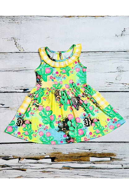 Yellow cactus & leopard print swirl dress w/pockets