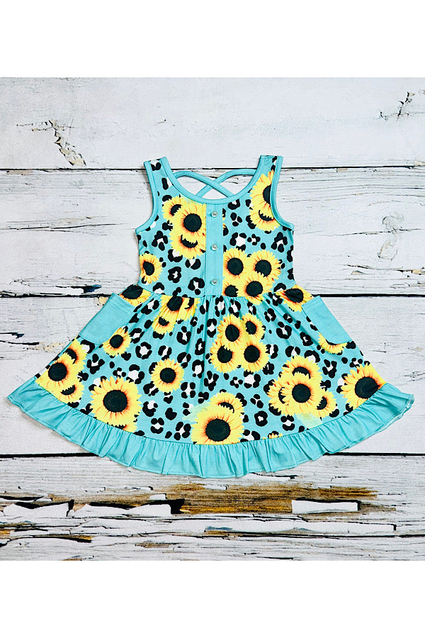 Turquoise cheetah print w/sunflowers swirl dress w/pockets