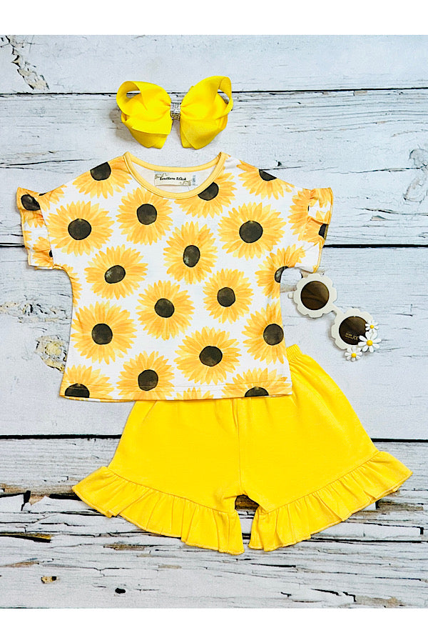 Sunflower top w/yellow ruffle shorts 2pc set XCH0777-16H