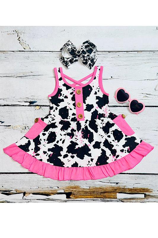 Pink cow print swirl dress w/pockets