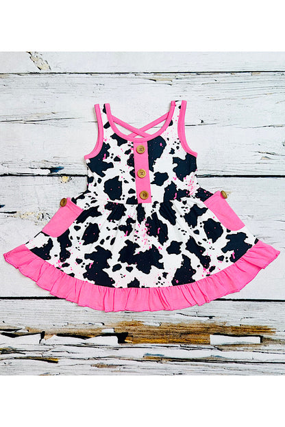 Pink cow print swirl dress w/pockets