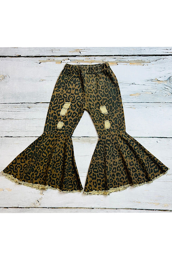 Brown leopard print distressed denim bell bottoms
