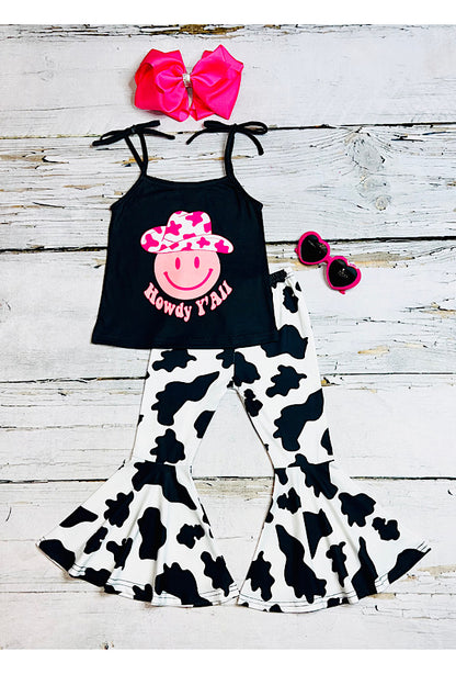 "HOWDY Y'ALL" cow print & smiley face 2pc girls set XCH0777-22H