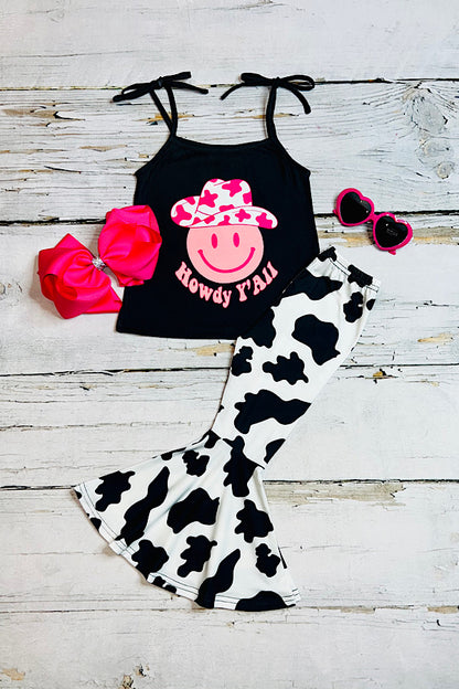 "HOWDY Y'ALL" cow print & smiley face 2pc girls set XCH0777-22H