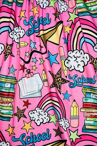 Multicolor "SCHOOL" pink long sleeve swirl dress