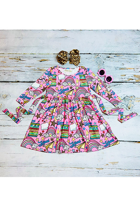 Multicolor "SCHOOL" pink long sleeve swirl dress
