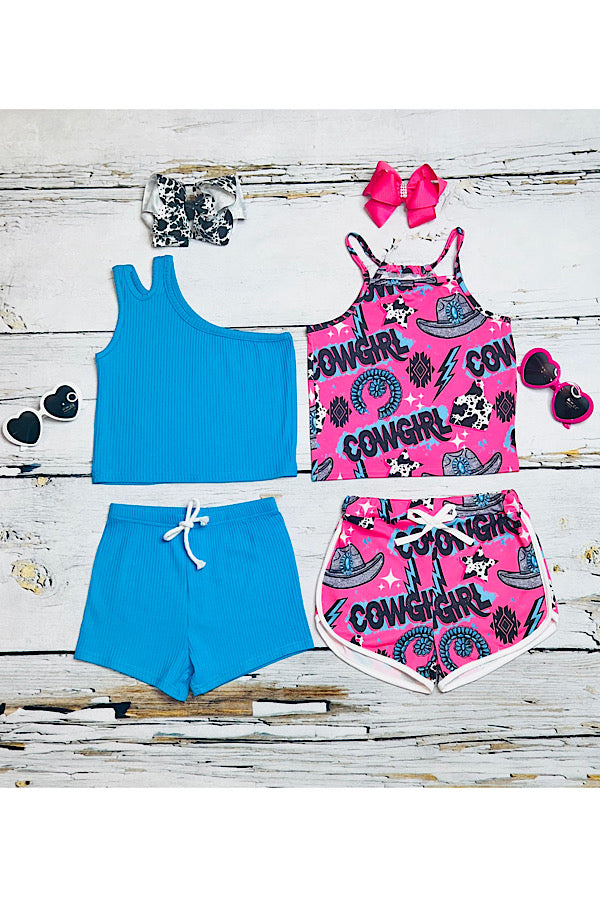 Mix & match pink "COWGIRL" & turquoise sleeveless sets (2 sets bundle) DLH2401