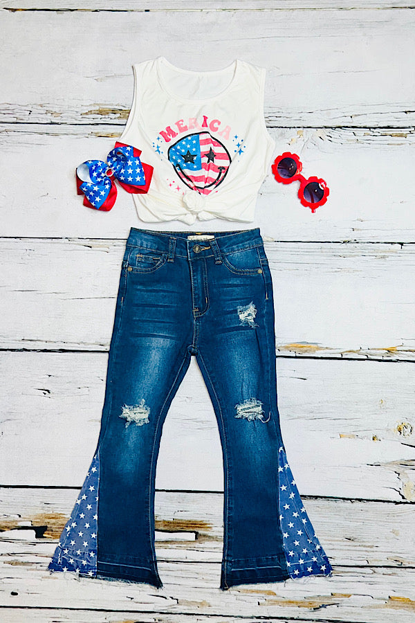 Dark blue distressed denim bell bottoms w/stars SP-C001