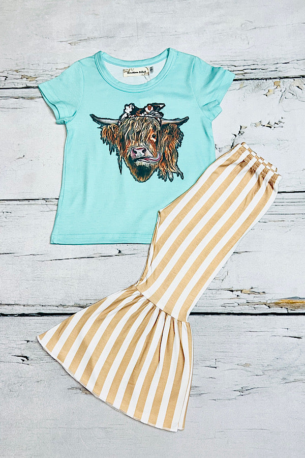 Aqua bull top w/stripped bell bottoms 2pc set XCH0777-30H