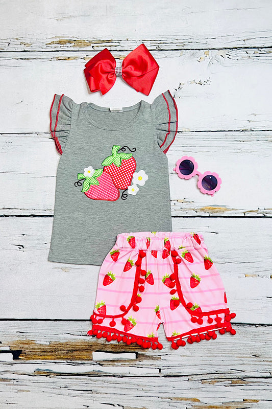 Gray & pink embroidered strawberries 2pc set 1121WY